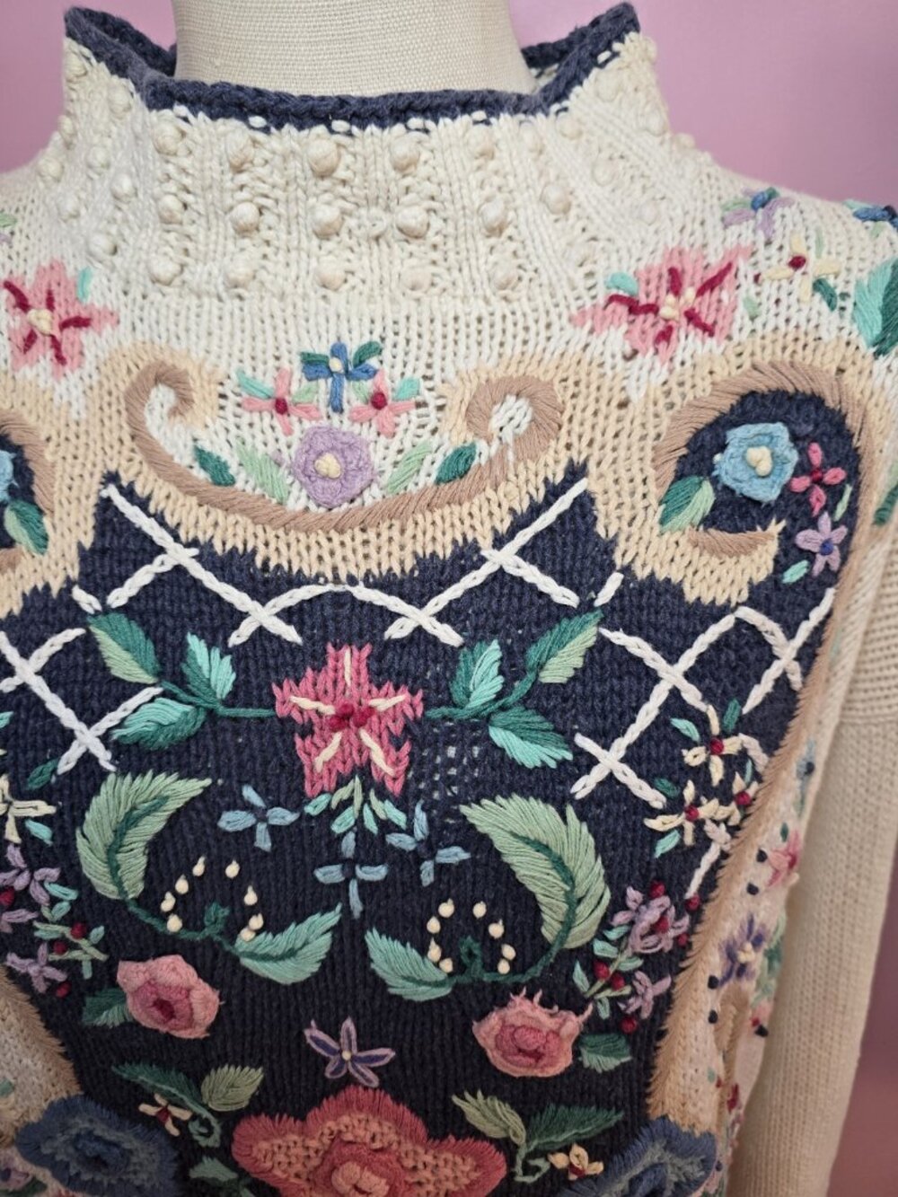Beldoch Popper Floral Embroidered Knit Sweater Medium Cottagecore Shabby Chic - Picture 2 of 16